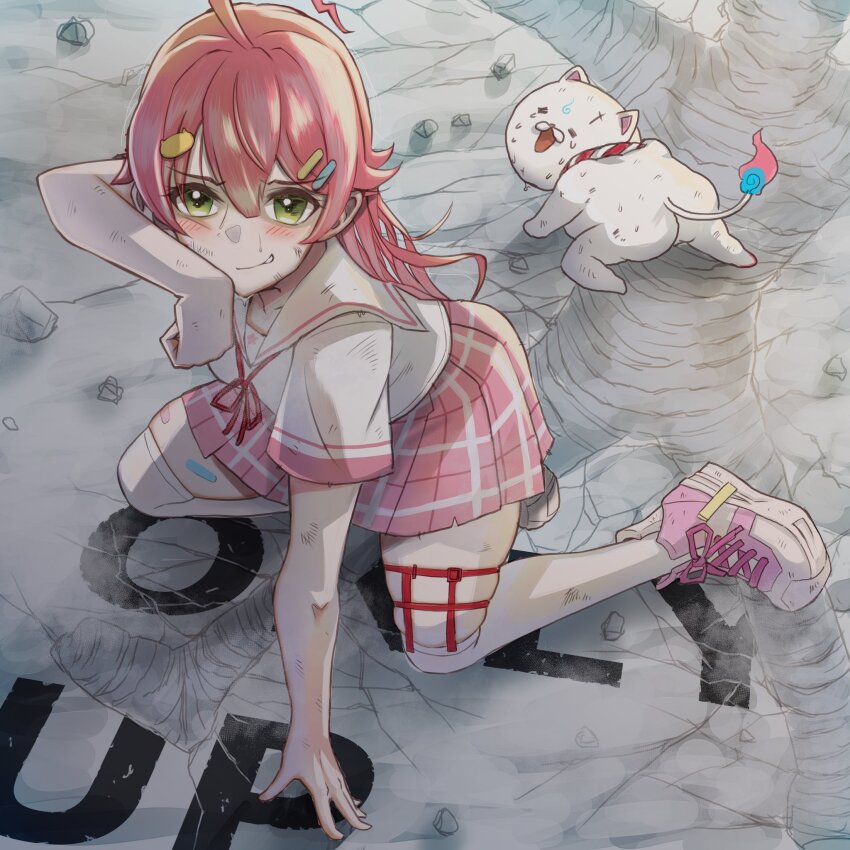 1girl, 35p_(sakura_miko), ahoge, arm_up, blush, breasts, copyright_name, from_above