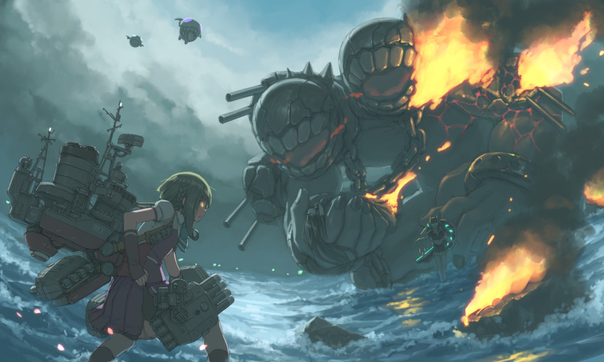 3girls, abyssal_ship, abyssal_stranded_landing_princess, aqua_bow, aqua_bowtie, battleship_water_oni, black_socks, blue_eyes