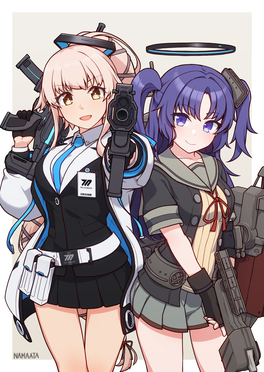 2girls, absurdres, artist_name, black_gloves, black_skirt, blue_archive, blue_necktie, buttons, collarbone, collared_shirt, cosplay, costume_switch, crossover, fingerless_gloves, formal_clothes, gloves, grey_sailor_collar, grey_skirt, gun, half_gloves, halo, highres, holding, holding_gun, holding_weapon, id_card, jacket, kantai_collection, long_hair, long_sleeves, mechanical_halo, miniskirt, multiple_girls, namaata, necktie, open_clothes, open_jacket, open_mouth, pink_hair, pleated_skirt, ponytail, purple_eyes, purple_hair, red_ribbon, ribbon, rigging, sailor_collar, shirt, sidelocks, signature, skirt, smile, suit, two-sided_fabric, two-sided_jacket, two_side_up, weapon, white_jacket, white_shirt, yellow_eyes, yura_(kancolle), yura_(kancolle)_(cosplay), yura_kai_ni_(kancolle), yuuka_(blue_archive), yuuka_(blue_archive)_(cosplay)
