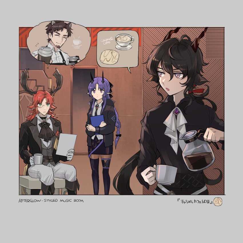 1girl, 3boys, :o, :|, ^_^, animal_ears, antlers, apron