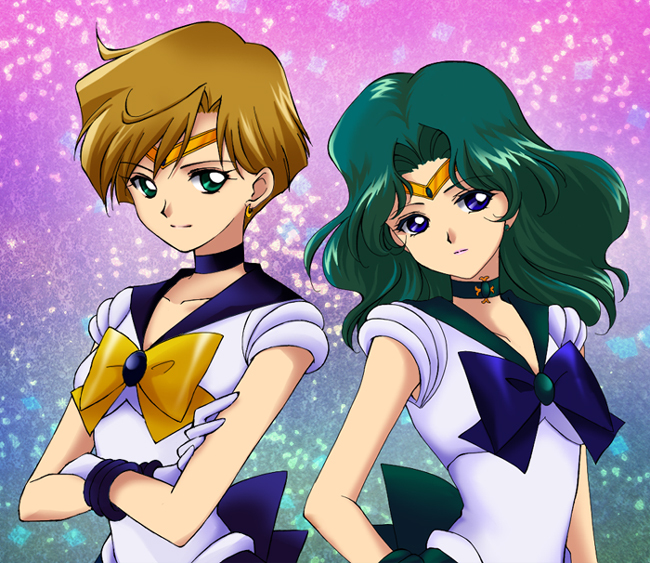 1990s_(style), 2girls, aqua_background, bishoujo_senshi_sailor_moon, blonde_hair, blue_eyes, blue_sailor_collar, bow