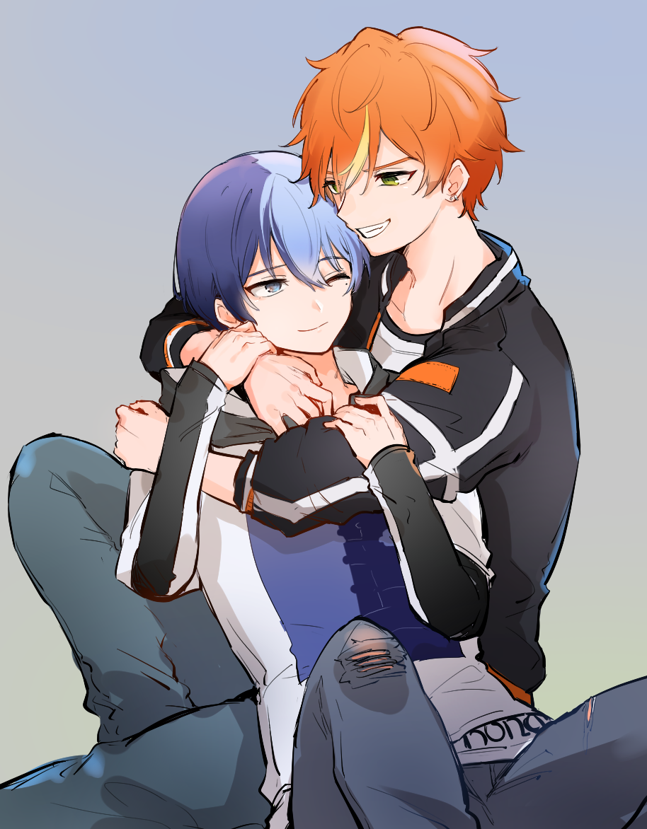 2boys, aoyagi_touya, blonde_hair, blue_eyes, blue_hair, commentary_request, dark_blue_hair, gradient_background