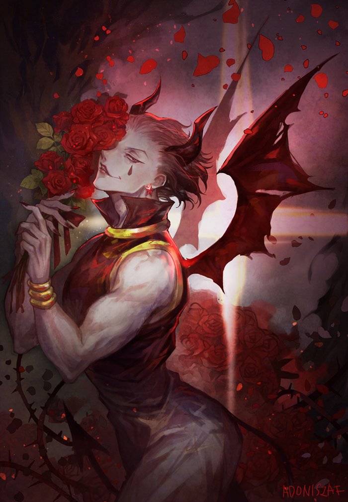 1boy, adoniszaf, artist_name, blurry, blurry_background, cowboy_shot, demon_boy, demon_horns