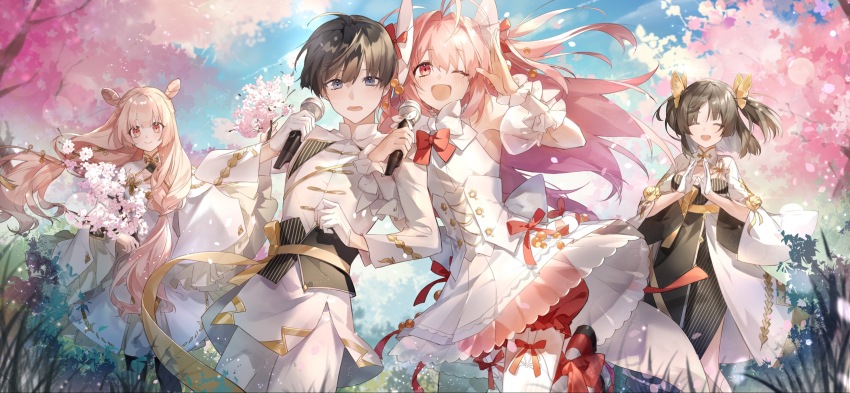 2boys, 2girls, ;d, ^_^, androgynous, antenna_hair, black_dress, black_hair, black_sash, blue_eyes, blue_sky, blurry, blurry_background, blush, bow, bowtie, branch, brown_hair, butterfly_hair_ornament, character_request, cherry_blossoms, china_dress, chinese_clothes, closed_eyes, closed_mouth, cloud, corset, cowboy_shot, day, double_bun, dress, e_(h798602056), eyelashes, floating_hair, flower, frilled_cuffs, frills, gan_ling_long_(the_tale_of_food), garter_straps, gloves, gold_trim, grass, hair_between_eyes, hair_bow, hair_bun, hair_intakes, hair_ornament, hair_over_shoulder, half_gloves, hand_up, hands_up, har-gow_(the_tale_of_food), highres, holding, holding_microphone, jacket, leg_up, lens_flare, light_particles, locked_arms, long_hair, long_sleeves, looking_at_viewer, low_twintails, male_master_(the_tale_of_food), microphone, multiple_boys, multiple_girls, one_eye_closed, open_mouth, outdoors, pants, parted_bangs, pink_eyes, pink_flower, pink_hair, plant, pleated_skirt, puffy_shorts, red_bow, red_bowtie, red_ribbon, red_shorts, ribbon, sash, shirt, short_hair, shorts, sidelocks, skirt, sky, sleeveless, sleeveless_shirt, smile, standing, tangzhuang, the_tale_of_food, thighhighs, trap, tree, twintails, two_side_up, very_long_hair, white_bow, white_bowtie, white_corset, white_dress, white_gloves, white_jacket, white_pants, white_shirt, white_skirt, white_thighhighs, wide_sleeves, wrist_cuffs, yellow_ribbon
