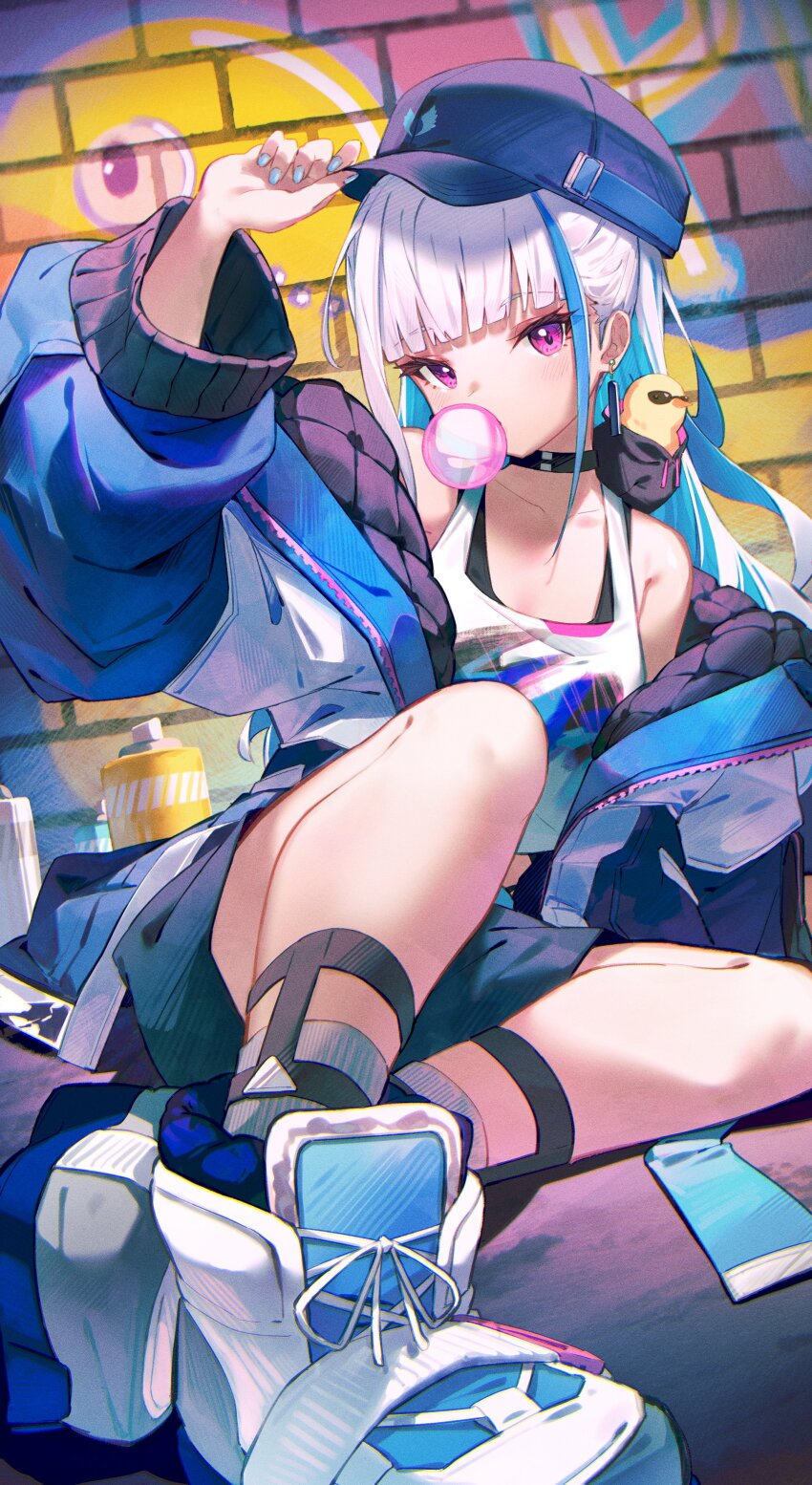 1girl, absurdres, animal, animal_on_shoulder, baby_animal, bare_shoulders, baseball_cap, bibisuka