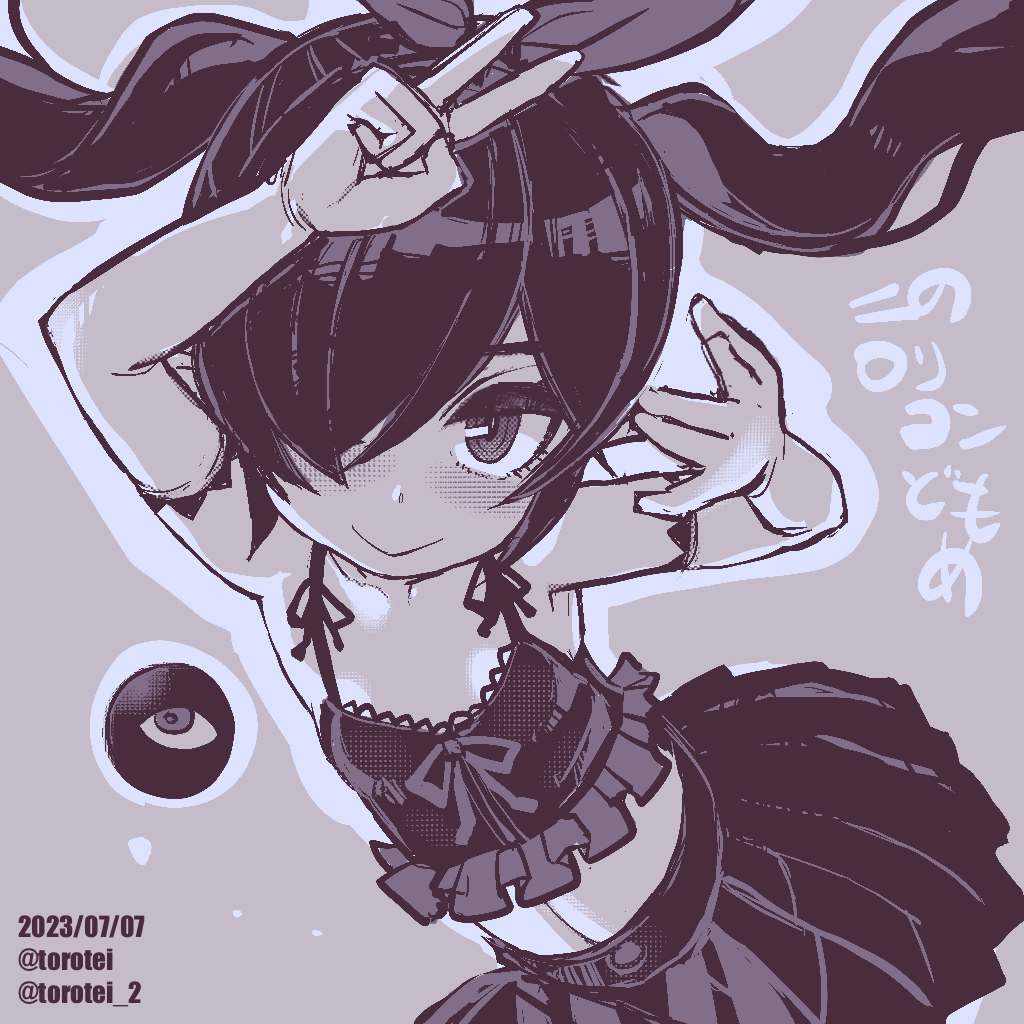 1girl, arms_up, artist_name, backbeako_(torotei), backbeard, blush, camisole, closed_mouth, commentary, dated, dated_commentary, elbow_gloves, gegege_no_kitarou, gloves, hair_over_one_eye, hair_ribbon, kono_lolicon_domome, long_hair, looking_at_viewer, monochrome, one_eye_closed, original, pale_background, pointy_ears, ribbon, ringed_eyes, simple_background, skirt, sleeveless, smile, solo, untranslatable_commentary, torotei, translated, twintails, twitter_username, v