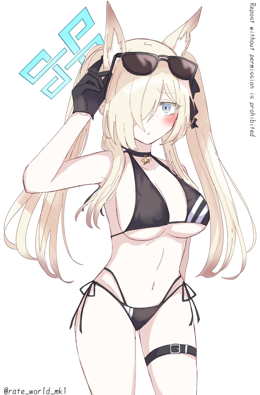 1girl, alternate_costume, alternate_hairstyle, animal_ears, aviator_sunglasses, bikini, black_bikini, black_choker
