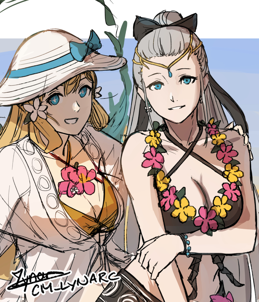 2girls, bikini, black_bikini, blonde_hair, blue_eyes, breasts, eir_(fire_emblem), eir_(summer)_(fire_emblem)
