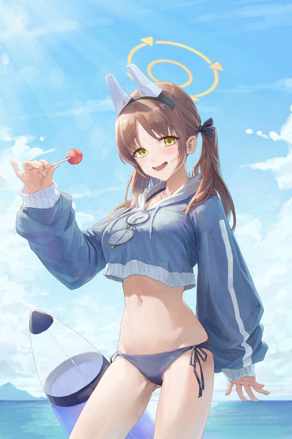 1girl, animal_ears, bikini, bikini_bottom_only, black_bikini, blue_archive, blue_hoodie, blue_sky