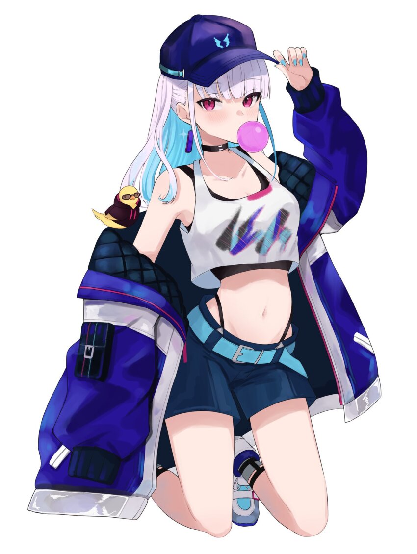 1girl, armpits, baseball_cap, belt, black_choker, blue_belt, blue_hair, blue_jacket