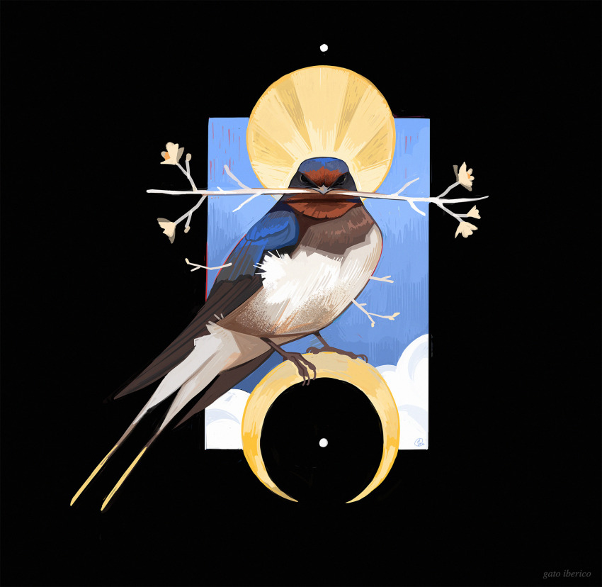 animal, animal_focus, artist_name, barn_swallow, bird, black_background, commentary, crescent