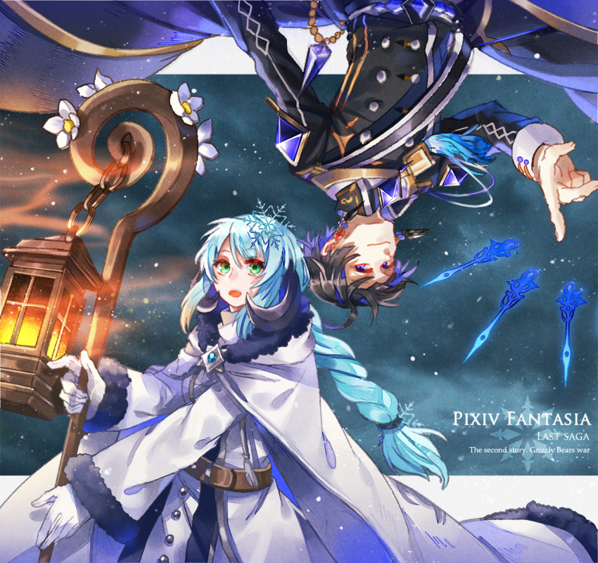 1boy, 1girl, :o, belt, black_hair, blue_hair, braid, colored_inner_hair