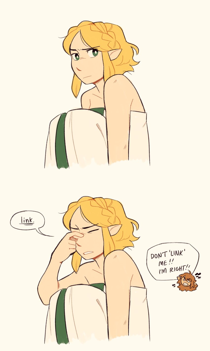 1girl, absurdres, blonde_hair, dress, embarrassed, english_text, green_eyes, highres, link, nintendo, orphetoon, pointy_ears, princess_zelda, short_hair, simple_background, speech_bubble, staring, the_legend_of_zelda, the_legend_of_zelda:_tears_of_the_kingdom