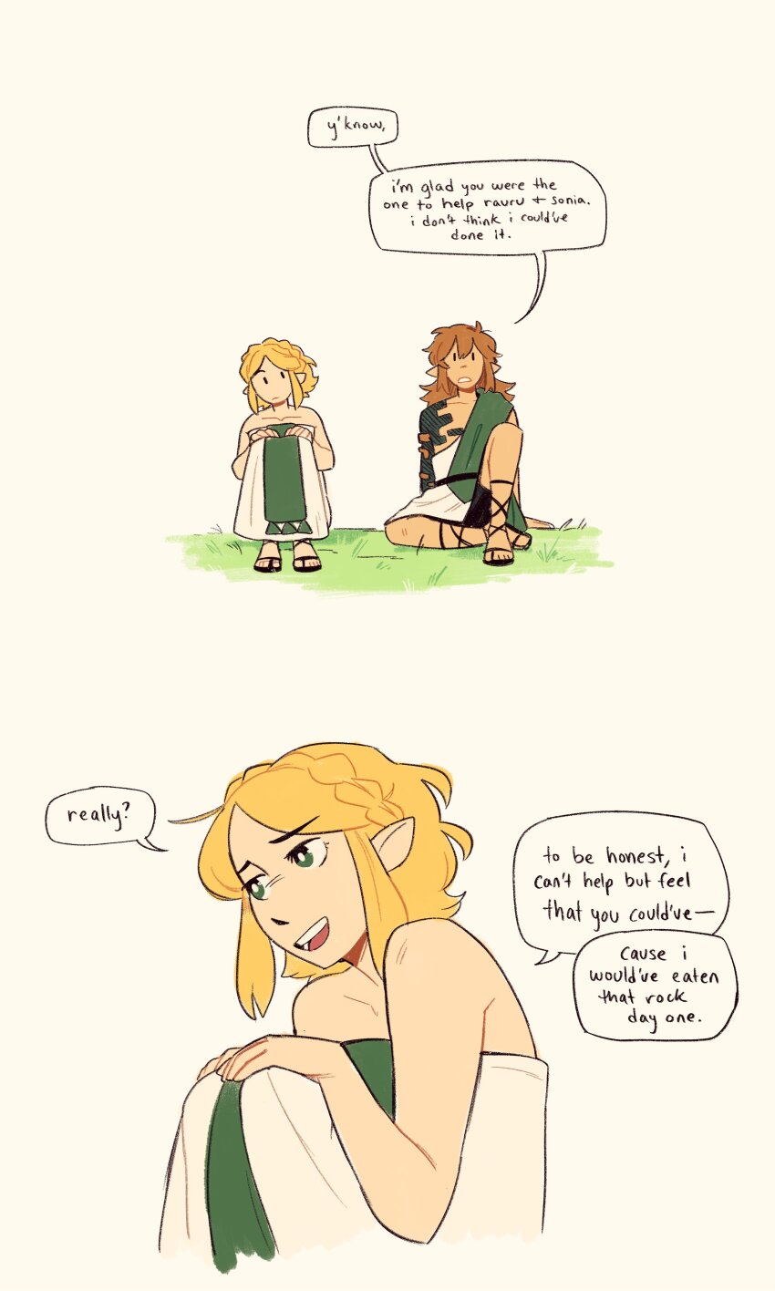 1boy, 1girl, absurdres, archaic_set_(zelda), blonde_hair, dress, english_text, green_eyes