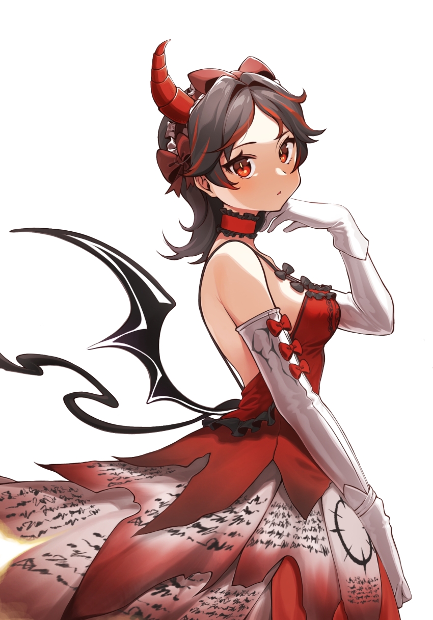 1girl, black_hair, black_ribbon, collar, demon_horns, demon_tail, demon_wings, dress