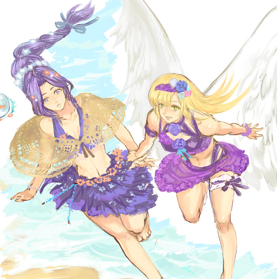 2girls, bare_shoulders, blonde_hair, blue_hair, breasts, choker, dual_persona, earrings