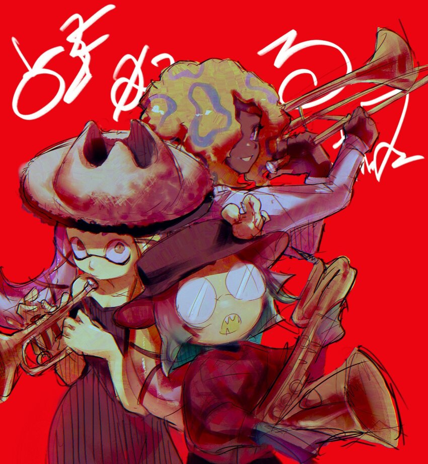 3girls, aqua_hair, black_dress, character_request, dress, glasses, gradient_hair, grey_eyes