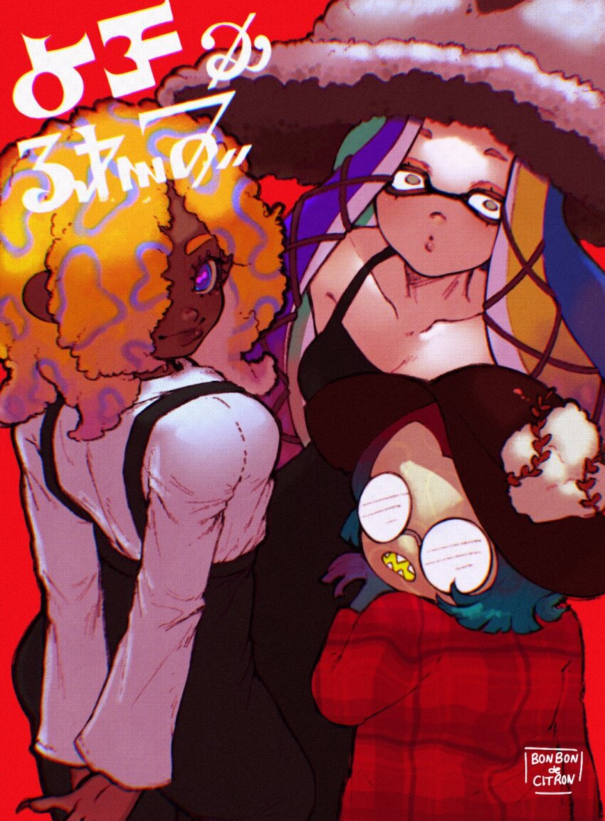 3girls, aqua_hair, artist_name, black_pants, blue_hair, bonbondecitron, breasts, character_request