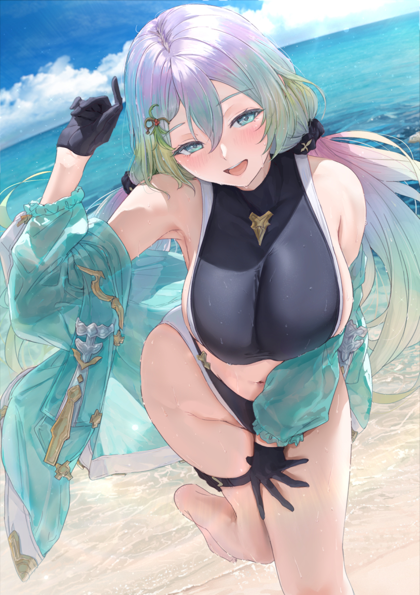 1girl, akita_hika, aqua_eyes, armpits, black_gloves, blush, breasts, commentary_request