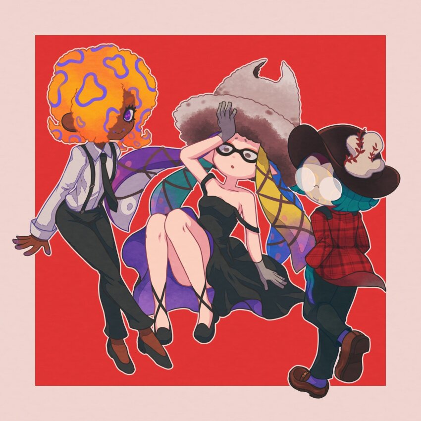 3girls, aqua_hair, arm_up, black_dress, black_footwear, black_headwear, black_necktie, black_pants