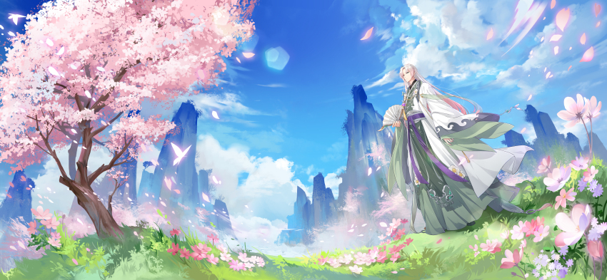 1boy, absurdres, blue_sky, bug, butterfly, camellia, cherry_blossoms, chinese_clothes