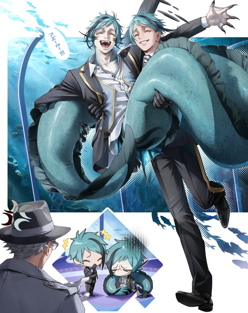 3boys, absurdres, anger_vein, animal, azul_ashengrotto, black_gloves, black_headwear, black_jacket