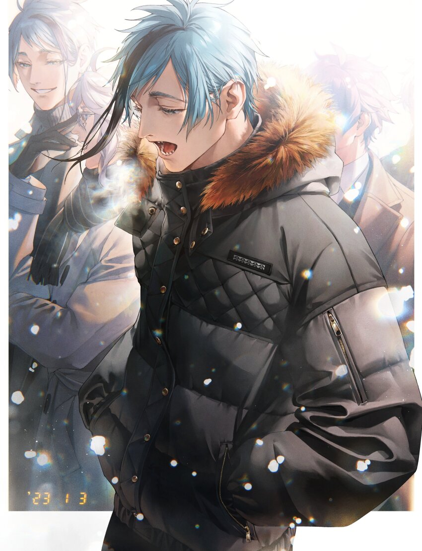4boys, absurdres, azul_ashengrotto, black_gloves, black_jacket, blue_eyes, blue_hair, breath