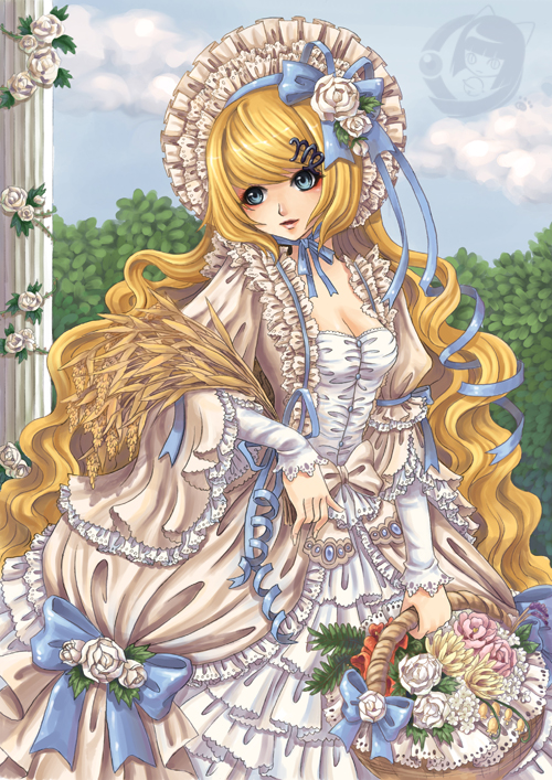 1girl, basket, bell_line_gown, blonde_hair, blue_eyes, bonnet, classic_lolita, cowboy_shot