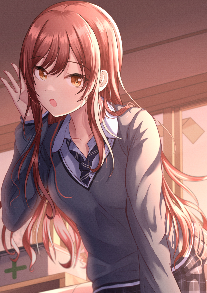 1girl, absurdres, blush, citrusmikan, collared_shirt, diagonal_stripes, grey_sweater, hand_to_own_mouth