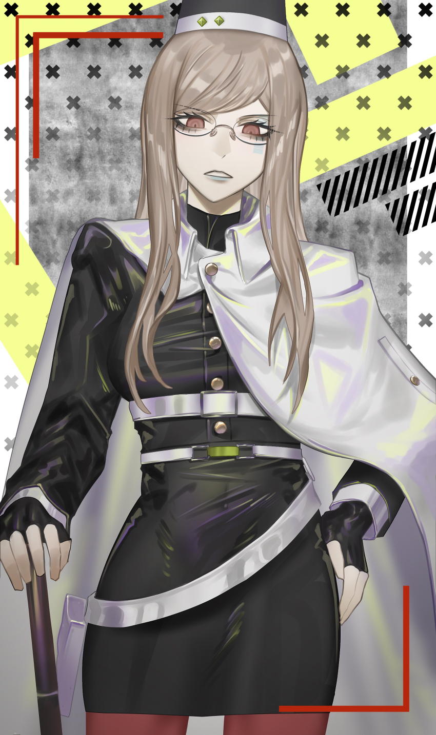 1girl, absurdres, bags_under_eyes, black-framed_eyewear, black_dress, black_gloves, black_hat, blue_lips