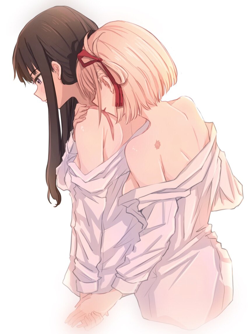 2girls, bare_shoulders, black_hair, blonde_hair, blush, bob_cut, breasts, closed_mouth