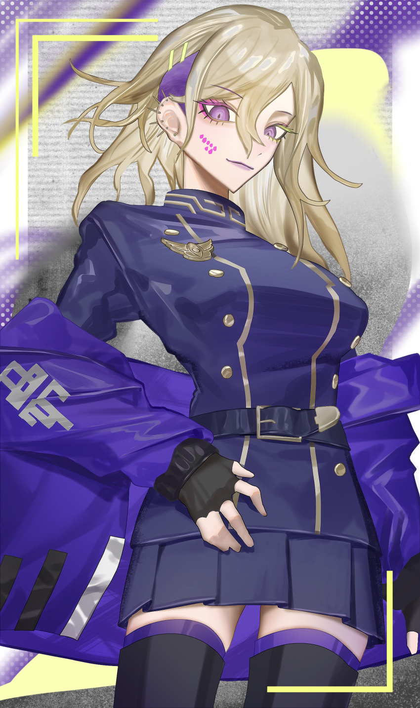 1girl, absurdres, asymmetrical_hair, badge, belt, belt_buckle, black_belt, black_gloves