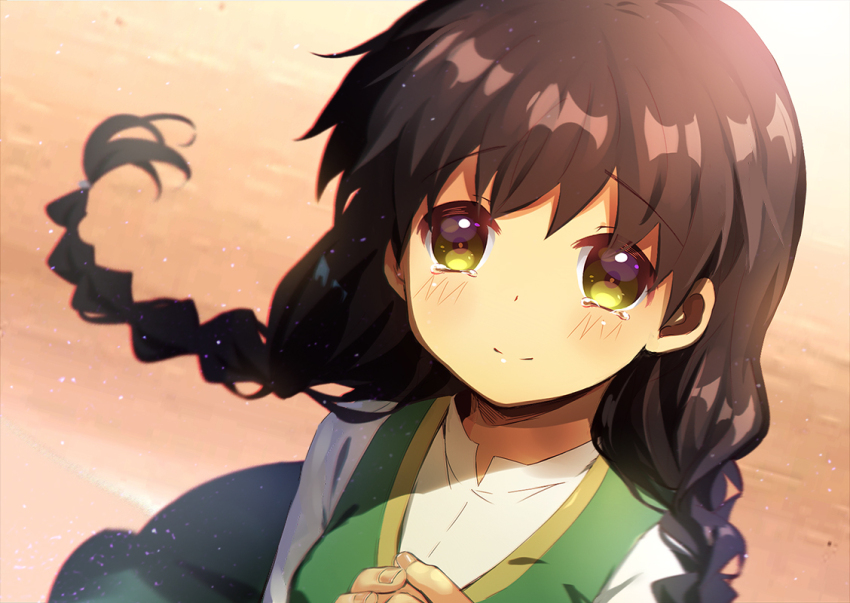 1girl, aged_up, alternate_hairstyle, black_hair, blurry, blush, braid, closed_mouth, commentary, depth_of_field, eyelashes, eyes_visible_through_hair, floating_hair, hair_between_eyes, jasmine_(rewrite), lliissaawwuu2, long_hair, looking_at_viewer, low_twin_braids, orange_background, own_hands_together, rewrite, shimako_(rewrite), shirt, simple_background, smile, solo, tears, twin_braids, upper_body, white_shirt, yellow_eyes