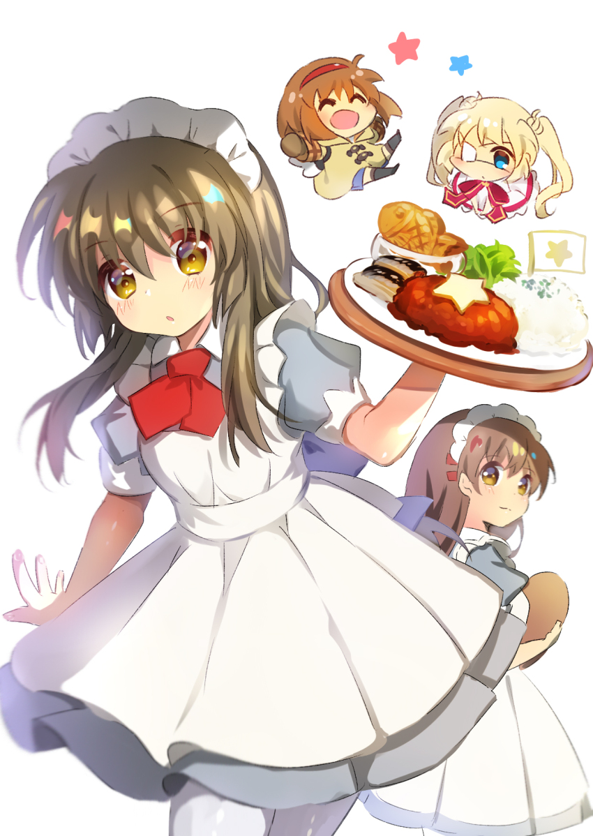 4girls, ^_^, aged_up, alternate_costume, apron, arm_at_side, black_dress, blonde_hair