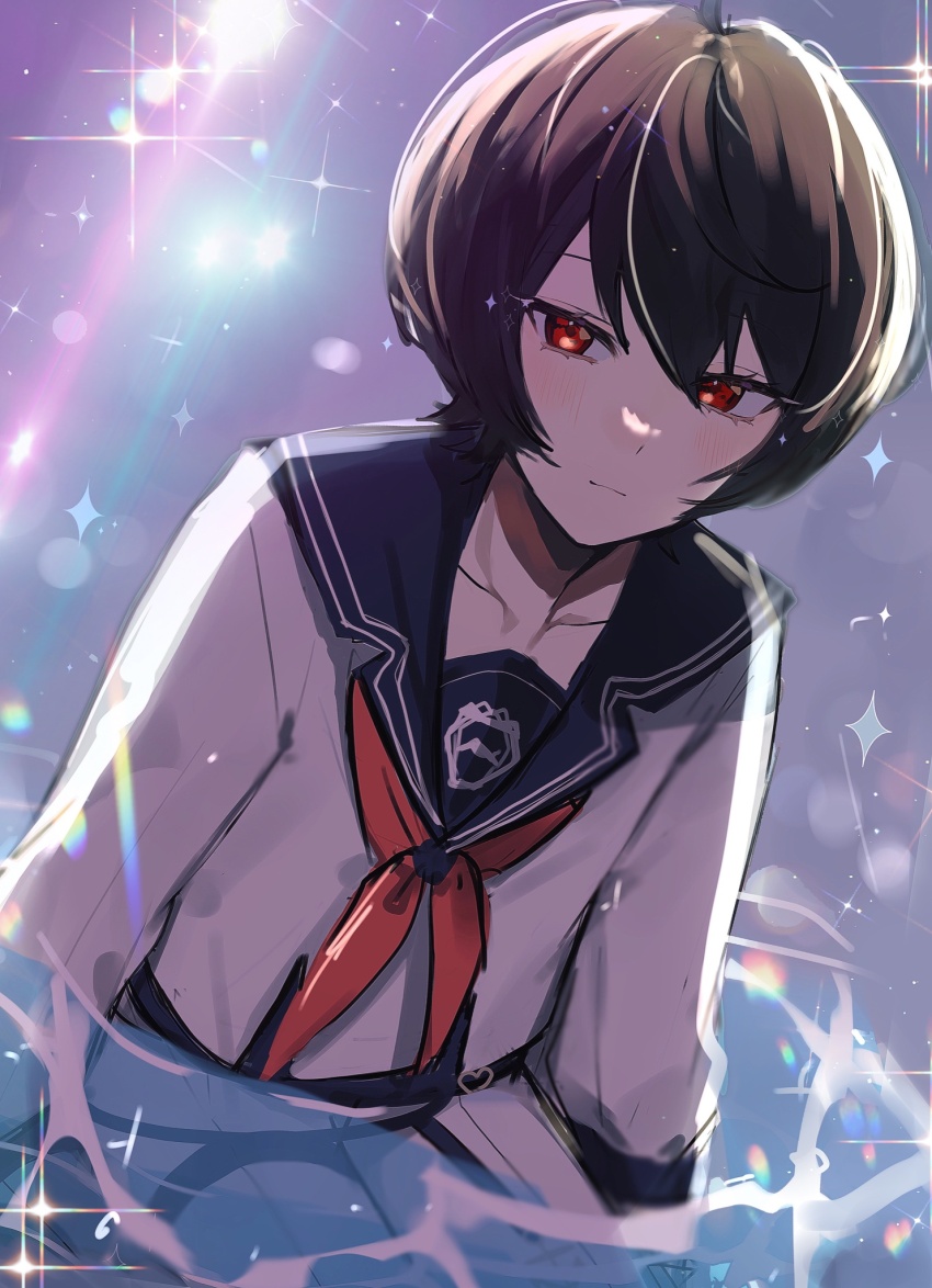 1boy, blue_sailor_collar, blush, brown_hair, closed_mouth, ensemble_stars!, highres, in_water