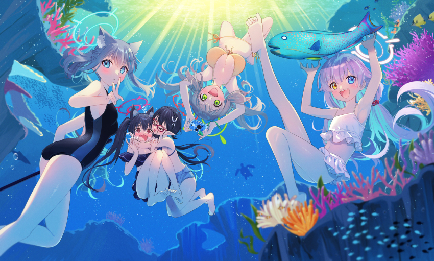 >_<, 5girls, @_@, animal_ear_fluff, animal_ears, armpits, ayane_(blue_archive), ayane_(swimsuit)_(blue_archive)