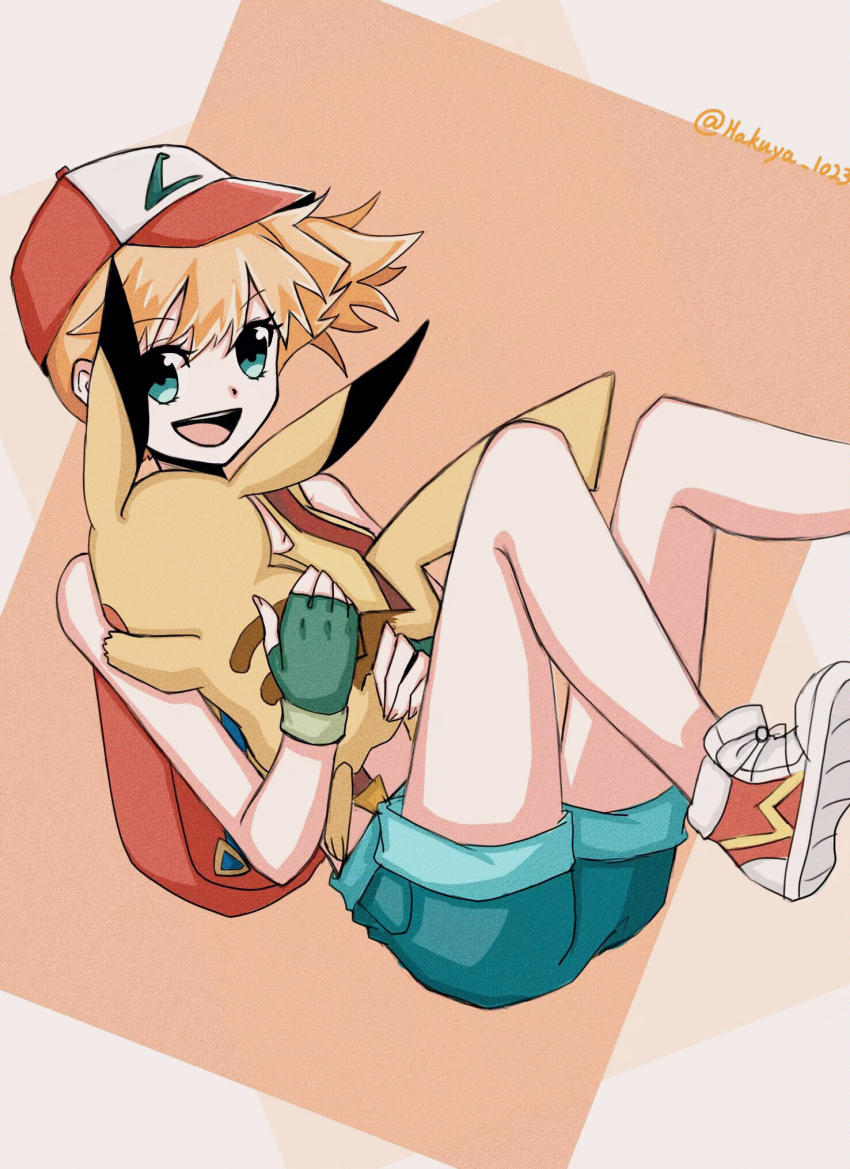 1girl, asymmetrical_hair, backpack, bag, breasts, denim, denim_shorts, gen_1_pokemon