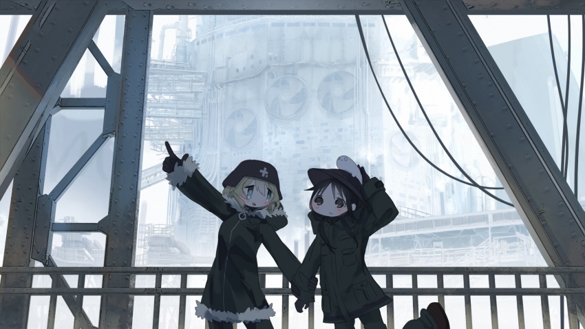 2girls, black_eyes, black_gloves, black_hair, blonde_hair, blue_eyes, chito_(shoujo_shuumatsu_ryokou), cowboy_shot, day, fur_trim, gloves, green_jacket, green_pants, helmet, highres, industrial, industrial_pipe, jacket, long_hair, long_sleeves, momo_(tou_gen_kyo), multiple_girls, nuko_(shoujo_shuumatsu_ryokou), pants, pointing, rivets, shoujo_shuumatsu_ryokou, steel_beam, yuuri_(shoujo_shuumatsu_ryokou)