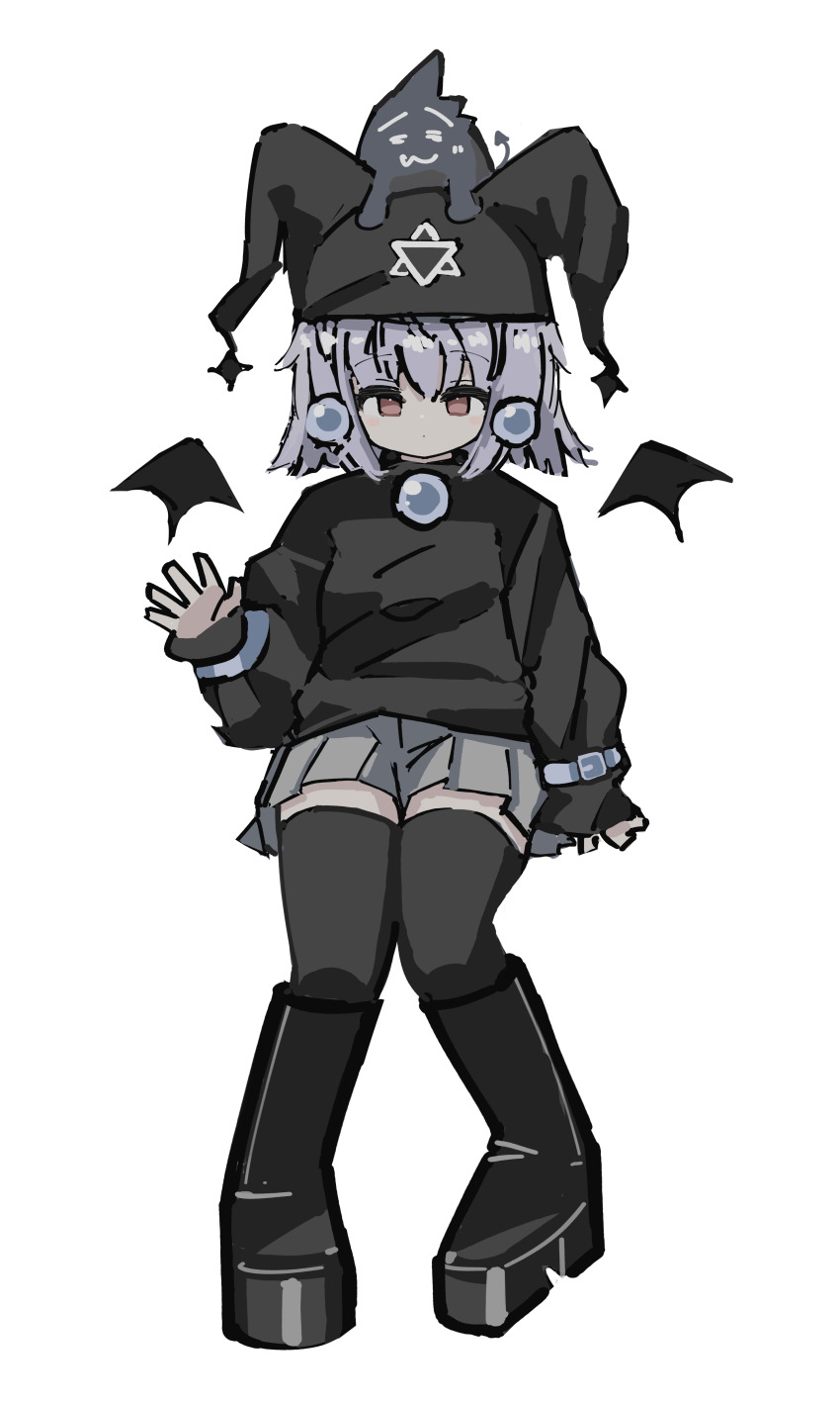 1girl, absurdres, black_boots, black_hat, black_sweater, black_thighhighs, black_wings, boots