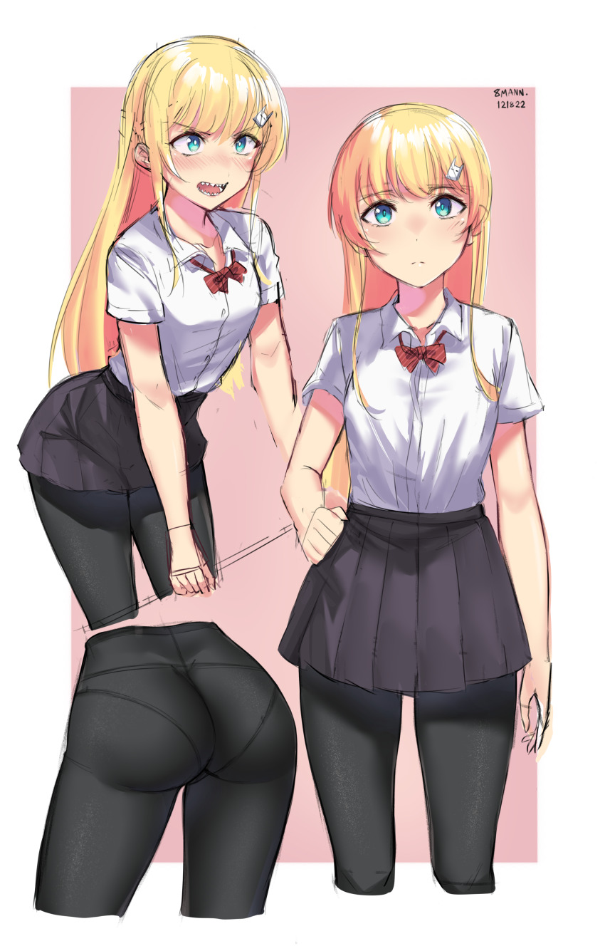 1girl, 8mann, absurdres, ass, blonde_hair, blue_eyes, cowboy_shot, cropped_legs, fantasy_bishoujo_juniku_ojisan_to, genderswap, genderswap_(mtf), hair_ornament, hairclip, highres, long_hair, multiple_views, open_mouth, panties, panties_under_pantyhose, pantyhose, pleated_skirt, sharp_teeth, shirt, short_sleeves, skirt, tachibana_hinata_(fantasy_bishoujo), teeth, underwear