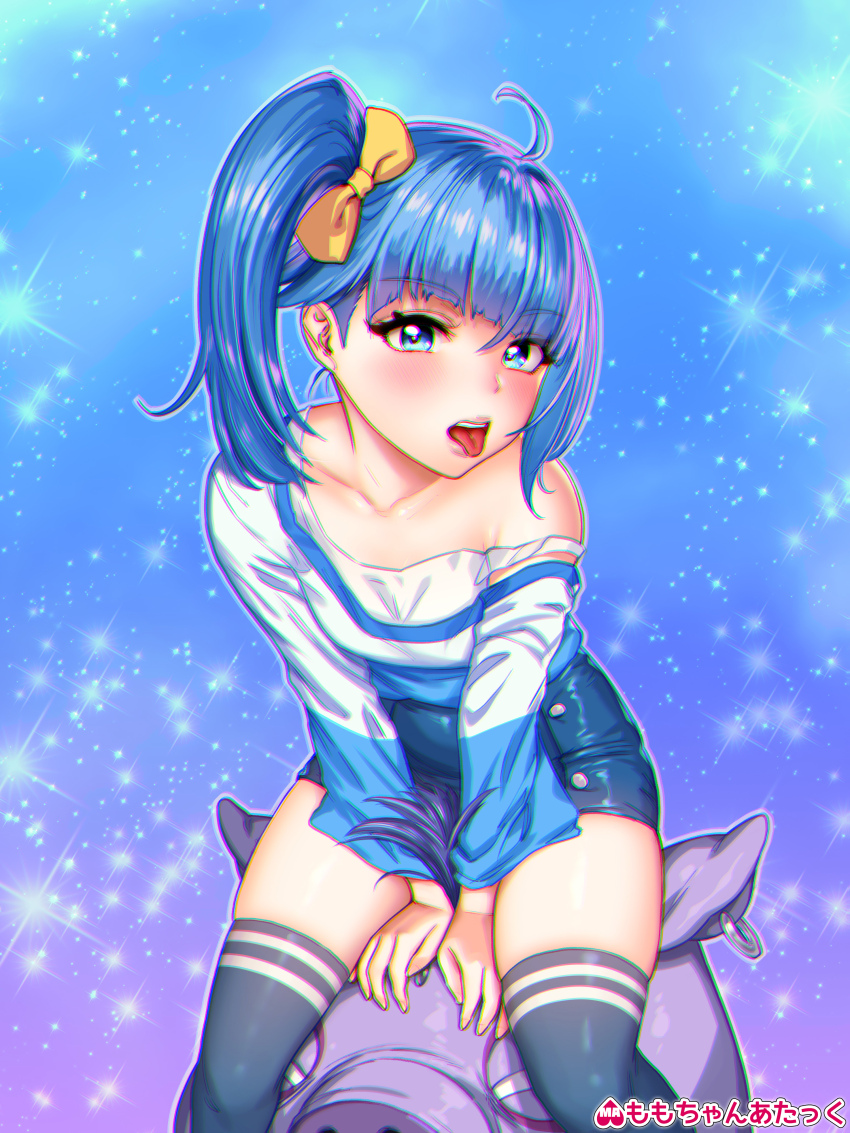 1girl, absurdres, ahoge, blue_eyes, blue_hair, blue_shirt, blue_skirt, blue_thighhighs