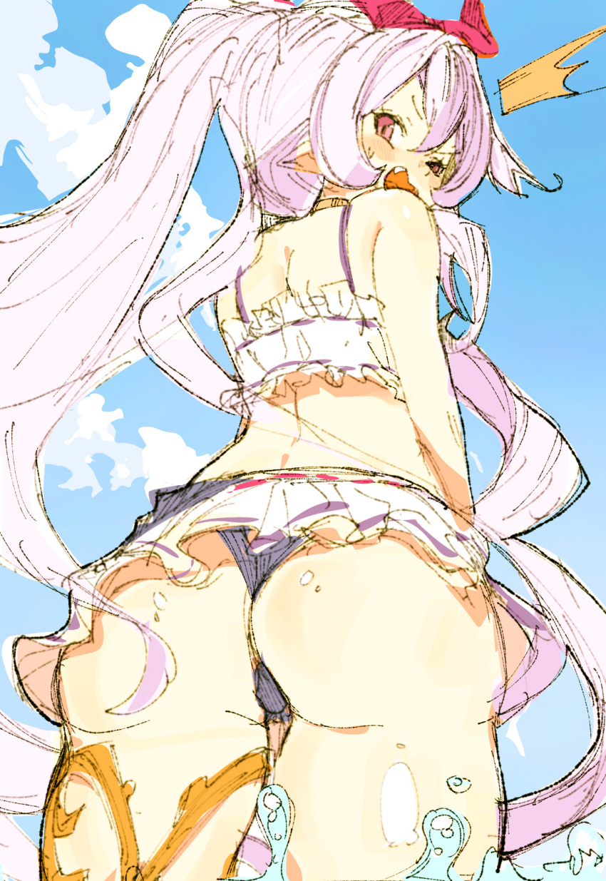 1girl, ass, bikini, cloud, day, fang, frilled_bikini, frills