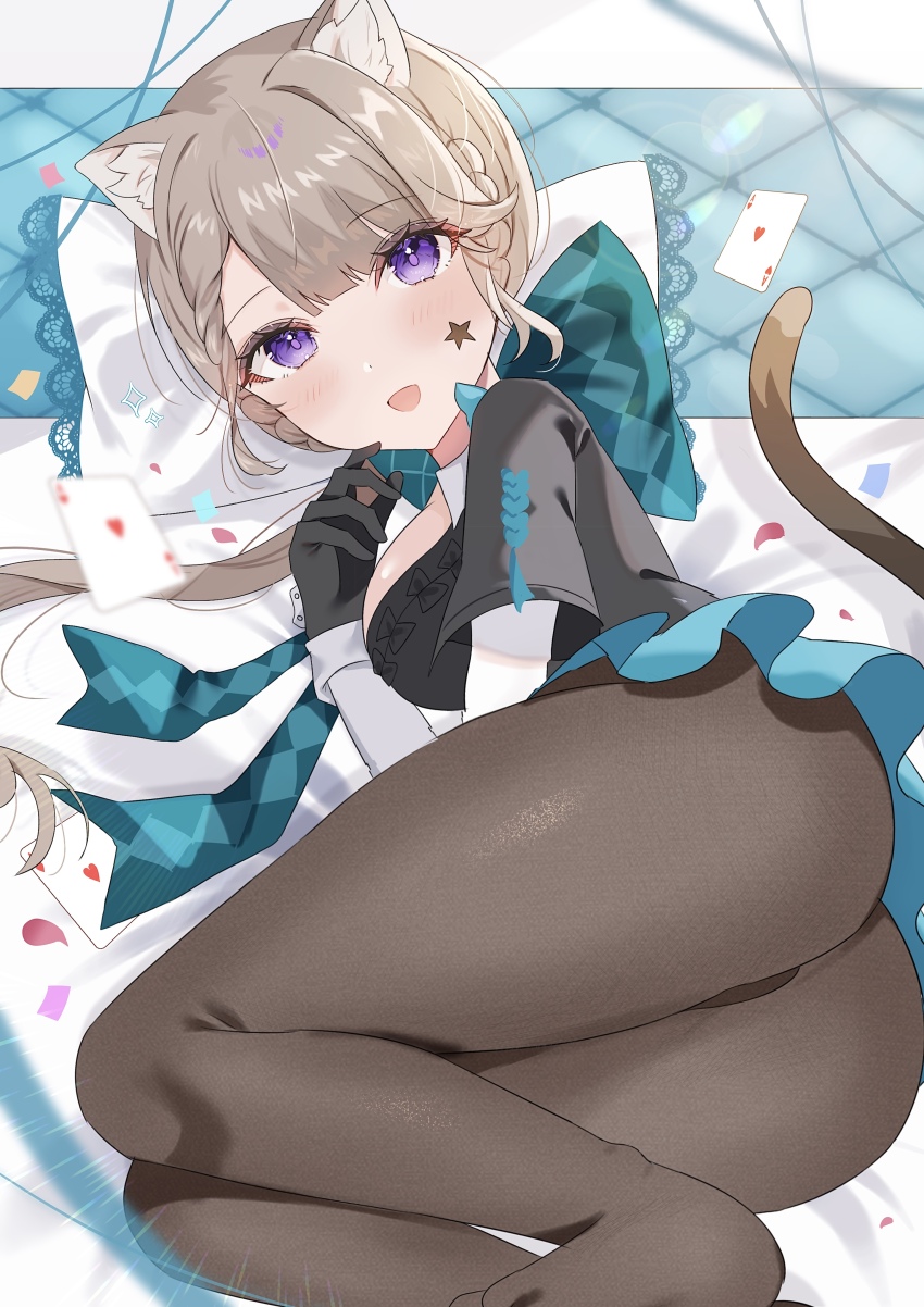 1girl, absurdres, animal_ears, bed, bed_sheet, black_gloves, blonde_hair, blue_bow, blush, bow, braid, card, cat_ears, cat_girl, cat_tail, facial_mark, frilled_leotard, frills, genshin_impact, gloves, hair_between_eyes, highres, huge_bow, leotard, long_hair, lying, lynette_(genshin_impact), open_mouth, pantyhose, petals, pillow, ponytail, purple_eyes, ribbon, rim_(ririm711), side_braid, solo, star_(symbol), tail, tattoo