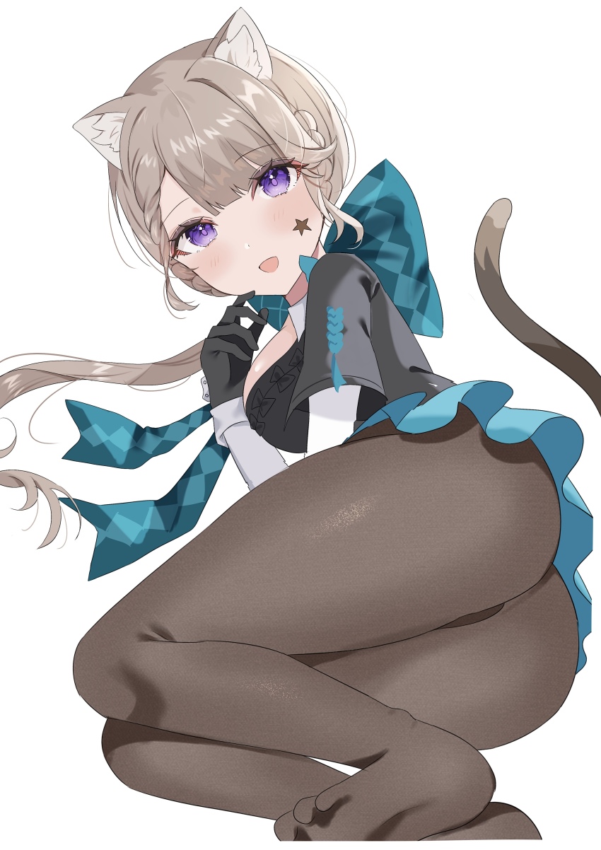 1girl, absurdres, animal_ears, black_gloves, blonde_hair, blue_bow, blush, bow