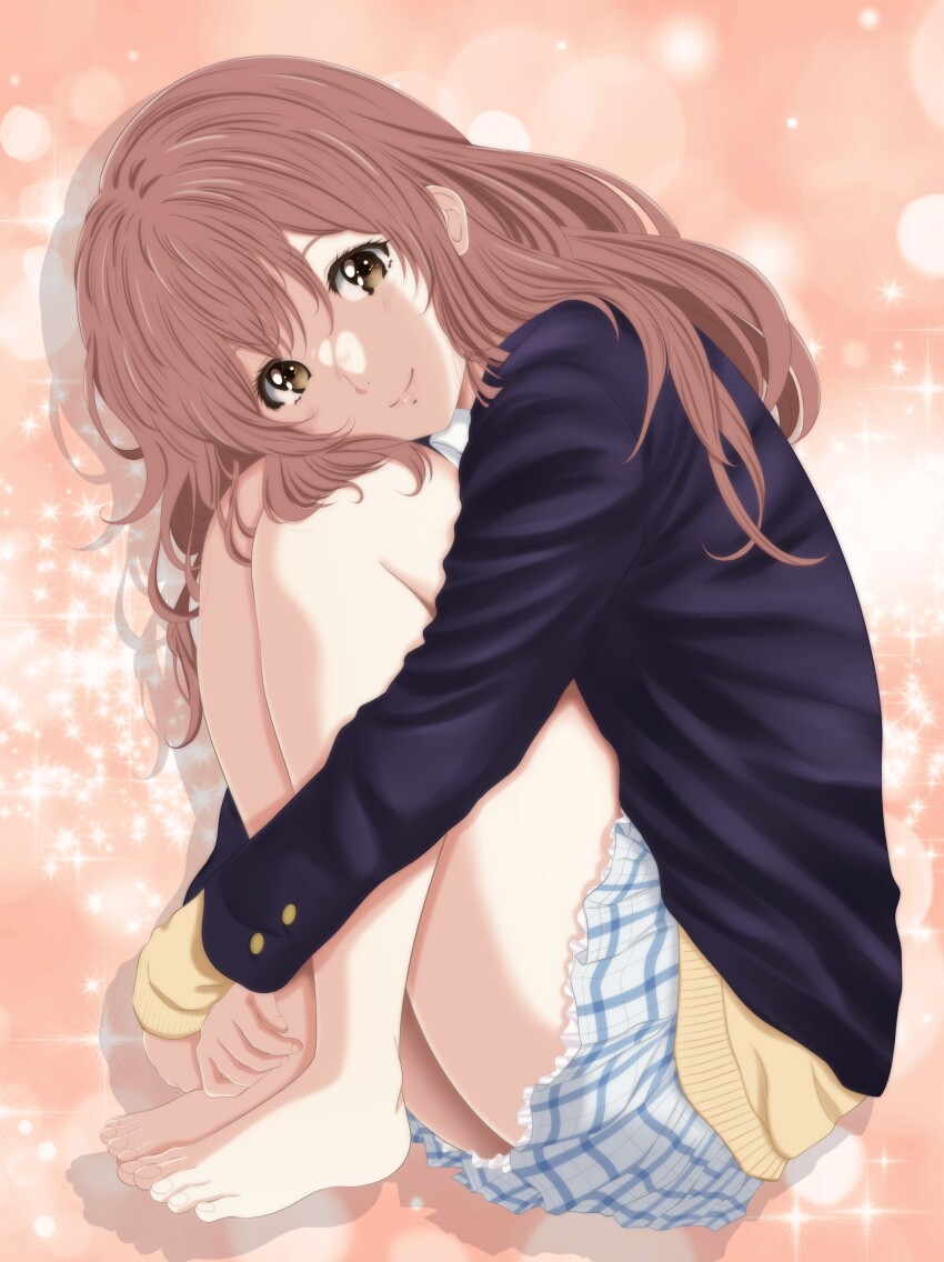 1girl, absurdres, barefoot, blazer, blue_jacket, blue_skirt, blush, brown_eyes, brown_hair, closed_mouth, derivative_work, feet, from_side, full_body, highres, jacket, koe_no_katachi, long_hair, looking_at_viewer, nishimiya_shouko, open_mouth, plaid_clothes, plaid_skirt, sakurano_miki, school_uniform, sitting, skirt, smile, solo, sweater, yellow_sweater