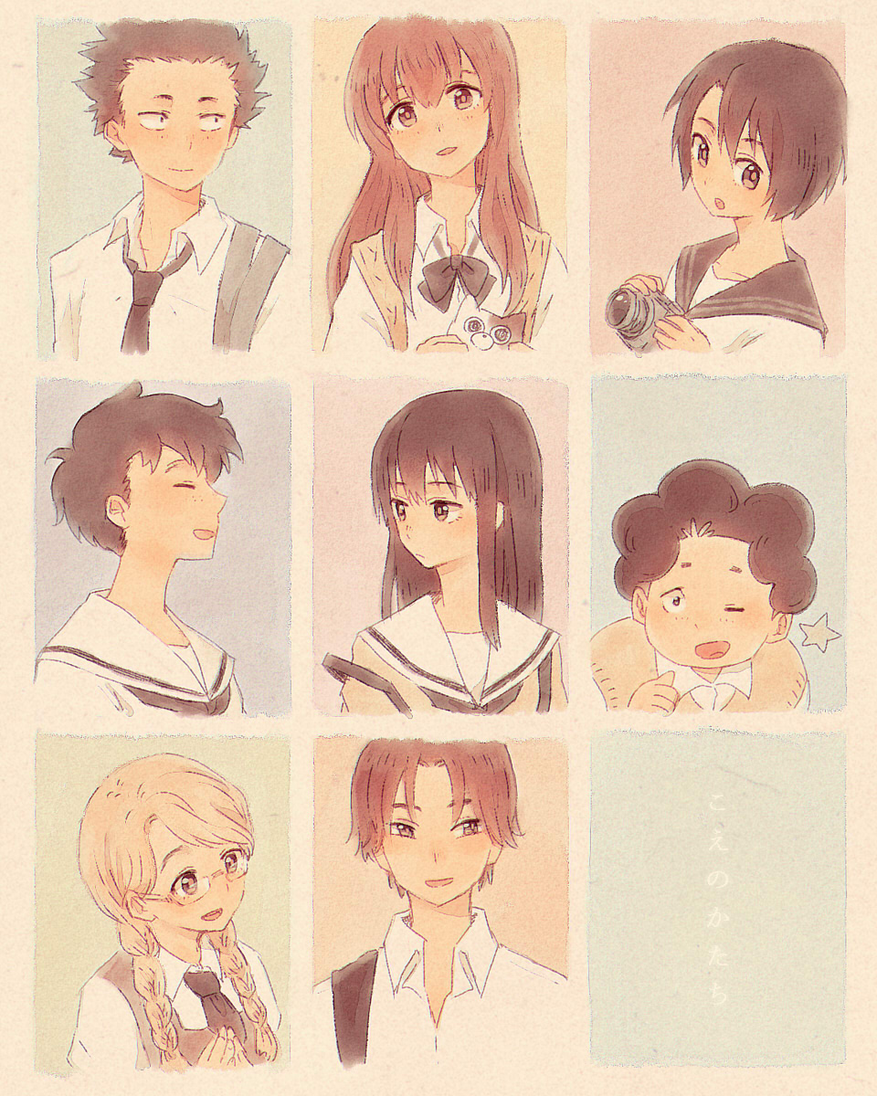 3boys, 5girls, :d, bag, black_bow, black_bowtie, black_eyes, black_hair