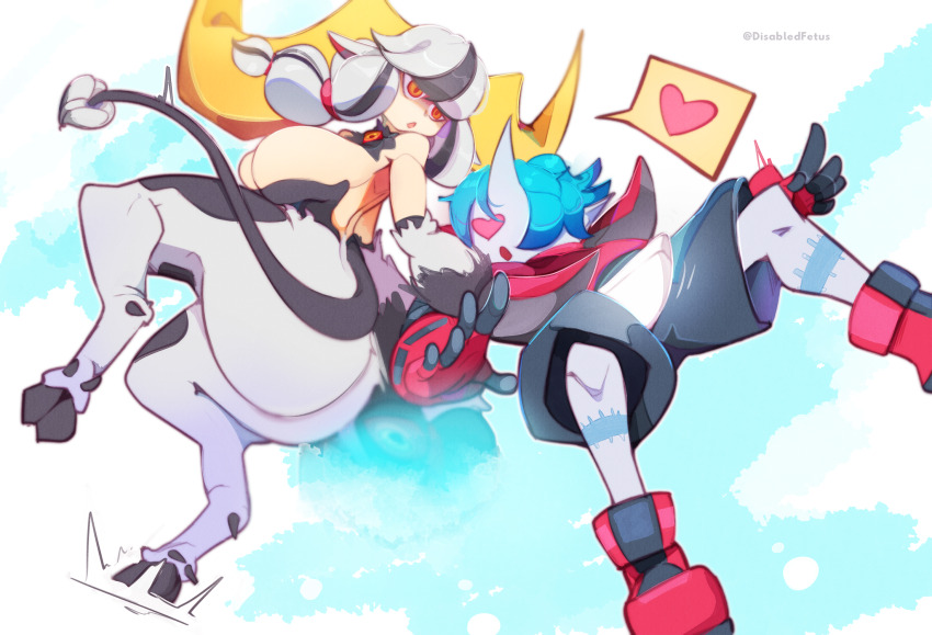 1boy, 1girl, :o, animal_legs, animal_print, ass, big_horns, black_hair, blue_hair, breasts, cow_girl, cow_print, disabledfetus, disgaea, disgaea_6, evil_eye_(disgaea), furry, gloves, grabbing_another's_arm, heart, heart-shaped_pupils, highres, horns, huge_ass, large_breasts, makai_senki_disgaea_6, multicolored_hair, open_mouth, orange_eyes, shorts, single_horn, stitches, symbol-shaped_pupils, tail, two-tone_hair, white_hair, zed_(disgaea), zombie
