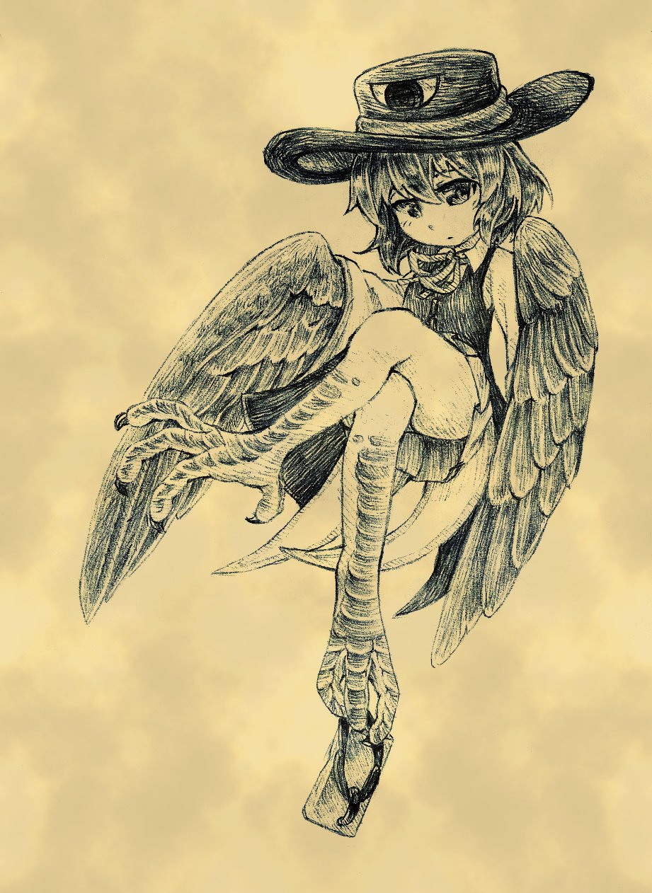 1other, androgynous, blush_stickers, bow, bowtie, closed_mouth, coat, collared_shirt, commentary, crossed_legs, enraku_tsubakura, expressionless, eye_of_senri, eye_on_hat, geta, hakama, hakama_short_skirt, hakama_skirt, harpy, hat, hat_ribbon, highres, holding, holding_shoes, holding_unworn_clothes, japanese_clothes, len'en, long_sleeves, looking_ahead, monochrome, monster_girl, monsterification, pen_(medium), ribbon, sandals, shirt, shoes, short_hair, single_sandal, skirt, sleeveless, sleeveless_coat, talons, top_hat, traditional_media, unworn_shoes, wide_sleeves, winged_arms, wings, yuejiao_tuan