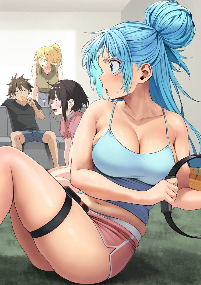 1boy, 3girls, aqua_(konosuba), armpit_crease, bare_legs, belly, belt, blonde_hair