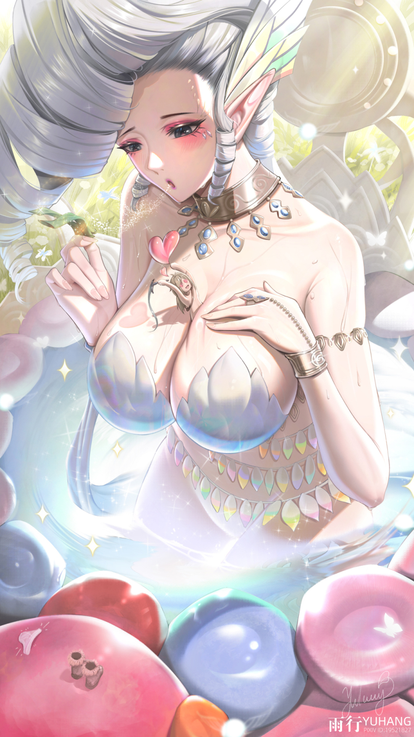 1girl, armlet, between_breasts, bracelet, breasts, cleavage, giant, giantess, great_fairy_(zelda), great_fairy_tera, heart, heart-shaped_pupils, highres, jewelry, large_breasts, link, looking_at_another, nintendo, partially_submerged, pointy_ears, pompadour, symbol-shaped_pupils, the_legend_of_zelda, the_legend_of_zelda:_breath_of_the_wild, yuxing_yuhang